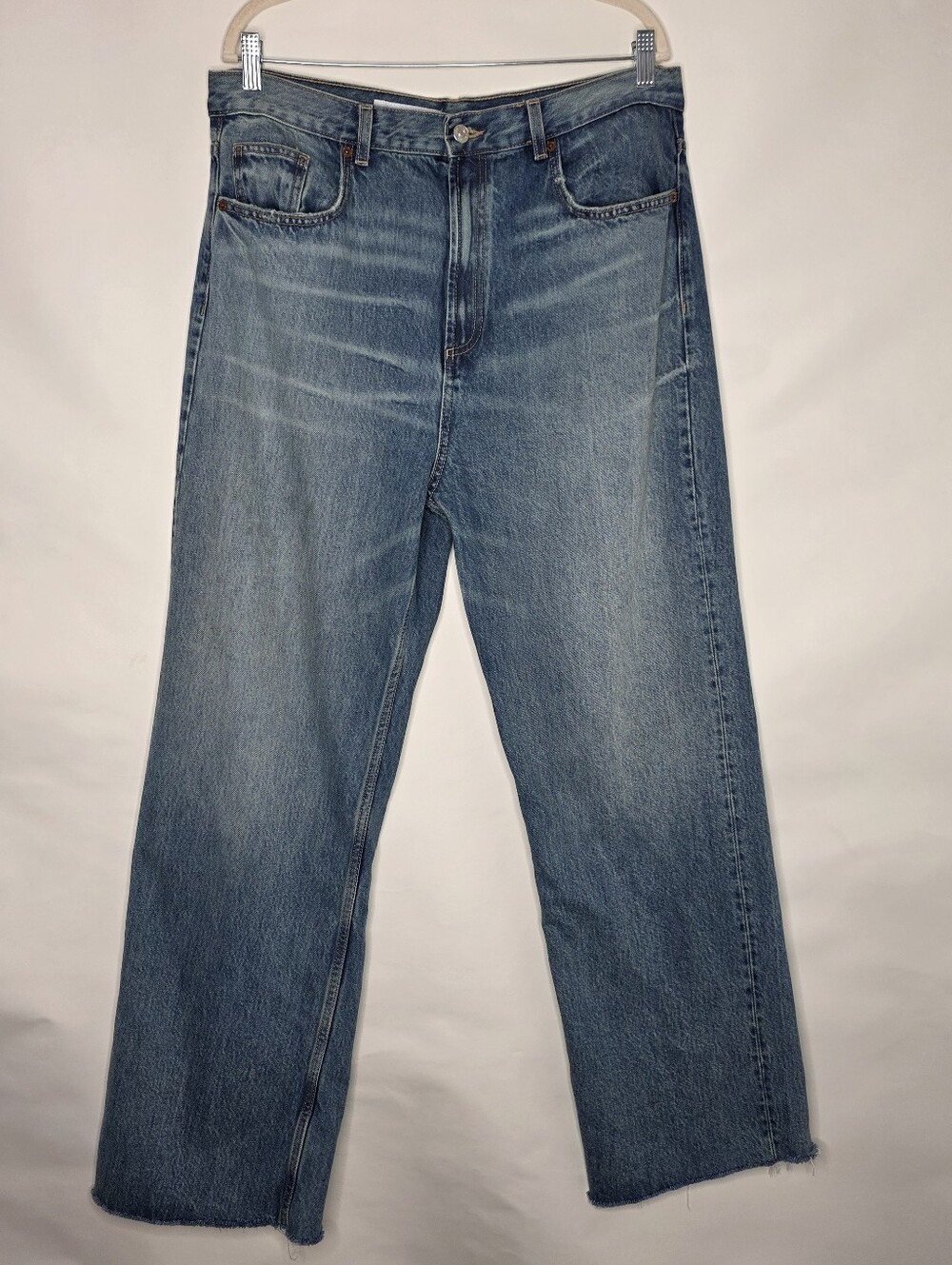 Zara Wide Leg Hi-Rise Jeans Size 14 Zip Fly Raw Hem Cotton Loose Fit Denim